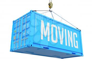 Moving - Blue Cargo Container hoisted by hook, Isolated on White Background.