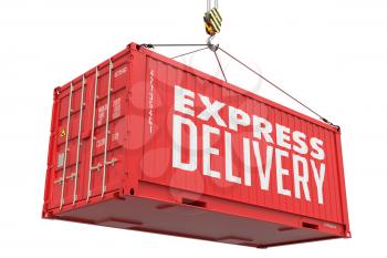 Express Delivery - Red Cargo Container hoisted by hook,Isolated on White Background.