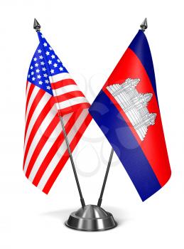 USA and Cambodia - Miniature Flags Isolated on White Background.