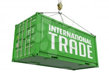 International Trade - Green Cargo Container Hoisted by Hook, Isolated on White Background.
