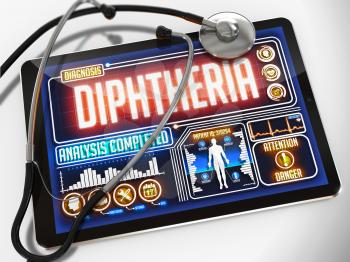 Diphtheria - Diagnosis on the Display of Medical Tablet and a Black Stethoscope on White Background.