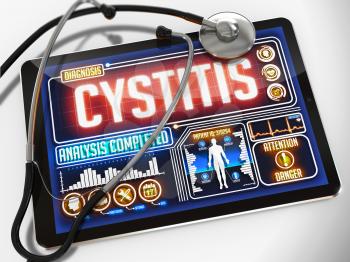 Cystitis - Diagnosis on the Display of Medical Tablet and a Black Stethoscope on White Background.