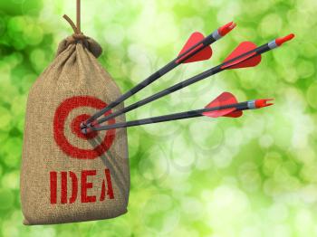Idea - Three Arrows Hit in Red Target on a Hanging Sack on Natural Bokeh Background.