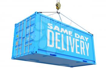 Same Day Delivery - Blue Cargo Container Hoisted by Hook, Isolated on White Background.