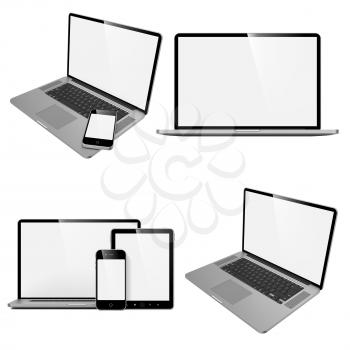 Laptop, Tablet and Phone. Set of Computer Devices on White Background.