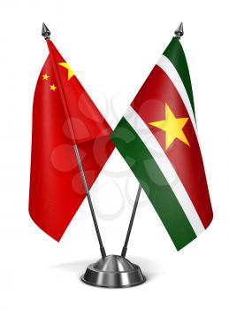 China and Suriname - Miniature Flags Isolated on White Background.