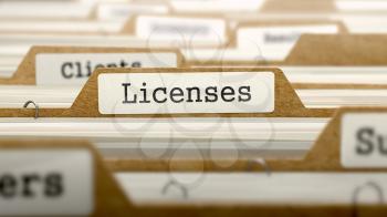 Licenses Concept. Word on Folder Register of Card Index. Selective Focus.