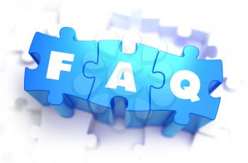 FAQ - White Word on Blue Puzzles on White Background. 3D Illustration.