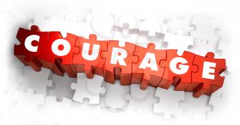 Courage - White Word on Red Puzzles on White Background. 3D Illustration.