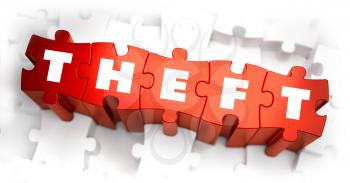 Theft - White Word on Red Puzzles on White Background. 3D Illustration.