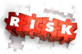 Risk - White Word on Red Puzzles on White Background. 3D Render. 