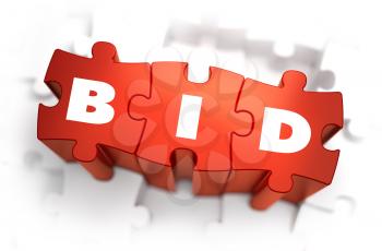 Bid - White Word on Red Puzzles on White Background. 3D Illustration.