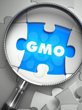 GMO - Word on the Place of Missing Puzzle Piece through Magnifier. Selective Focus.