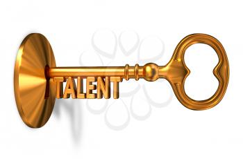 Talent - Golden Key is Inserted into the Keyhole Isolated on White Background