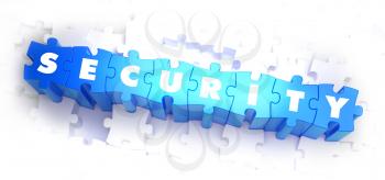 Security - Text on Blue Puzzles on White Background. 3D Render. 