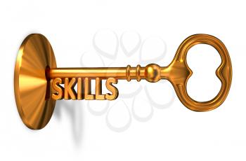 Skills - Golden Key is Inserted into the Keyhole Isolated on White Background