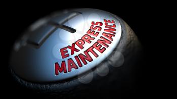 Express Maintenance. Shift Knob with Red Text on Black Background. Close Up View. Selective Focus. 3D Render.