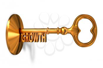 Growth - Golden Key is Inserted into the Keyhole Isolated on White Background