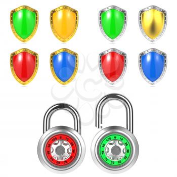 Set of Colored Shields and Padlock. 3d Security Concept. Isolated on White.