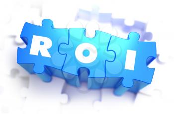 ROI - White Text on Blue Puzzles and Selective Focus. 3D Render. 