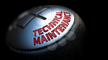 Technical Maintenance. Shift Knob with Red Text on Black Background. Close Up View. Selective Focus. 3D Render.