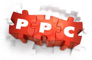 PPC - Pay Per Click - White Word on Red Puzzles on White Background. 3D Render. 