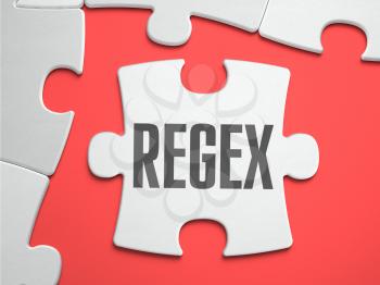 Regex - Regular Expression - Text on Puzzle on the Place of Missing Pieces. Scarlett Background. Close-up. 3d Illustration.