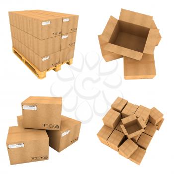 Open and Close of Cardboard Boxes Isolated on White Background. Set Concept. 3D.