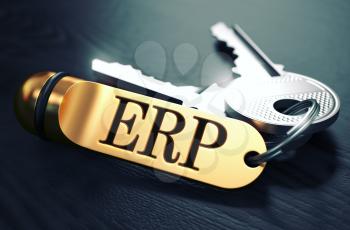 ERP - Enterprise Resource Planning - Concept. Keys with Golden Keyring on Black Wooden Table. Closeup View, Selective Focus, 3D Render. Toned Image.