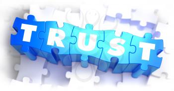 Trust - White Word on Blue Puzzles on White Background. 3D Illustration.