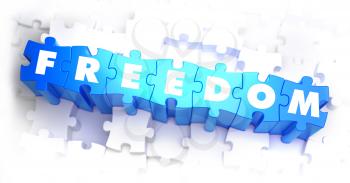 Freedom - White Word on Blue Puzzles on White Background. 3D Illustration.
