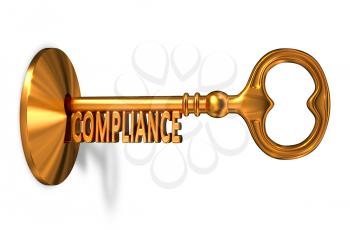 Compliance - Golden Key is Inserted into the Keyhole Isolated on White Background