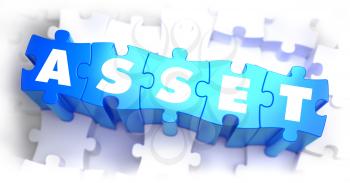 Asset - White Word on Blue Puzzles on White Background. 3D Illustration.