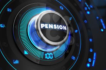 Pension Regulator on Black Control Console with Blue Backlight. Improvement, regulation, control or management concept.