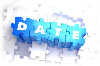 Date - White Word on Blue Puzzles on White Background. 3D Illustration.