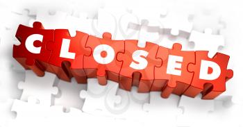 Closed - White Word on Red Puzzles on White Background. 3D Illustration.