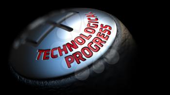 Technological Progress - Red Text on Black Gear Shifter with Leather Cover. Close Up View. Selective Focus.