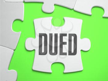 DueD - Due Diligence - Jigsaw Puzzle with Missing Pieces. Bright Green Background. Close-up. 3d Illustration.