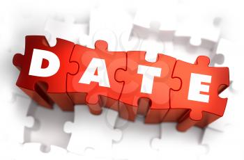 Date - White Word on Red Puzzles on White Background. 3D Illustration.