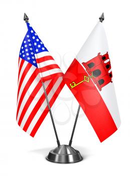 USA and Gibraltar - Miniature Flags Isolated on White Background.
