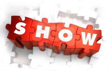 Show - Text on Red Puzzles with White Background. 3D Render. 