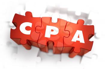 CPA - Cost Per Action - White Word on Red Puzzles on White Background. 3D Illustration.