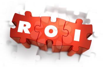 ROI - Return of Investment - White Word on Red Puzzles on White Background. 3D Render. 
