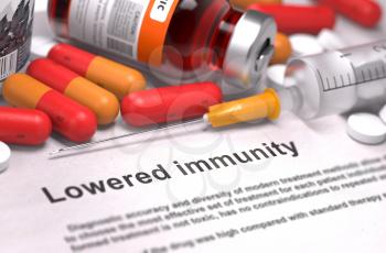 Lowered Immunity - Printed Diagnosis with Blurred Text. On Background of Medicaments Composition - Red Pills, Injections and Syringe.