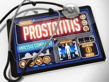 Prostatitis - Diagnosis on the Display of Medical Tablet and a Black Stethoscope on White Background.