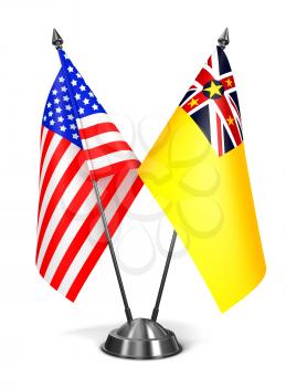USA and Niue - Miniature Flags Isolated on White Background.