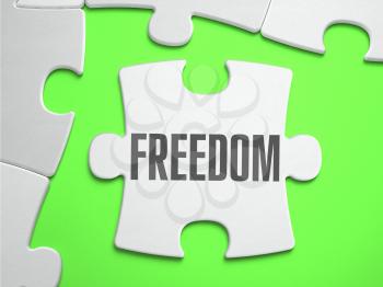Freedom - Jigsaw Puzzle with Missing Pieces. Bright Green Background. Close-up. 3d Illustration.