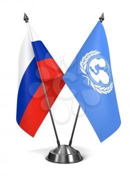 Russia and UNICEF - Miniature Flags Isolated on White Background.