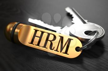 Keys with Word HRM - Human Resources Management - on Golden Label over Black Wooden Background. Closeup View, Selective Focus, 3D Render.