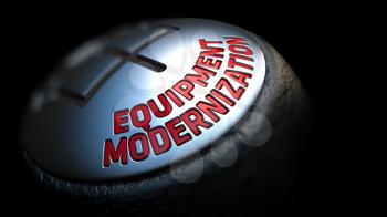 Equipment Modernization. Gear Shift with Red Text on Black Background. Selective Focus. 3D Render.